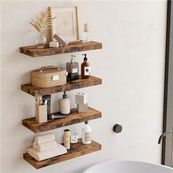 15.8in Floating Shelves, Rustic Wood Finish Wall Shelves Set of 4 - Picture 5 of 8